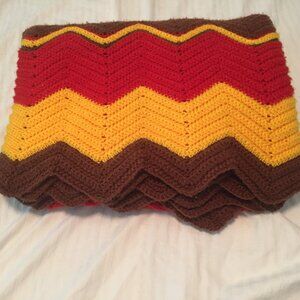 Vintage Afghan Throw Chevron Crochet  Blanket Zig Zag 55" x 62" Handmade Oversiz